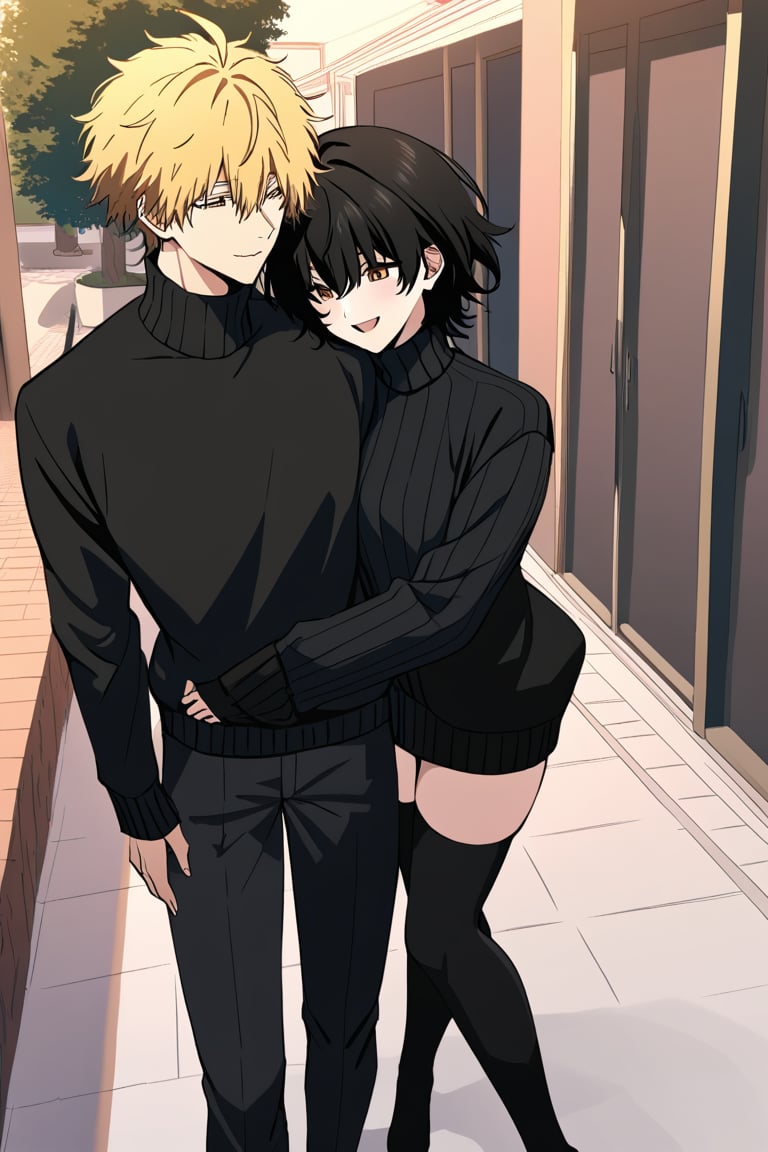 highly detailed, masterpiece, high quality, beautiful, 1girl and 1boy,Yuu (girl,1.7,UraPan, short hair, open mouth, bangs, black hair, thighhighs, long sleeves, ahoge, black thighhighs, sweater, sleeves past wrists, , turtleneck, messy hair, ribbed sweater, turtleneck sweater, hair over eyes, black sweater ). dating with,
denji(male,1.9,denji_chainsaw_man, blonde hair, brown eyes,black jacket,open jacket,long pants,hair cover one eye), cuddling,outside,romance,smile,walking,