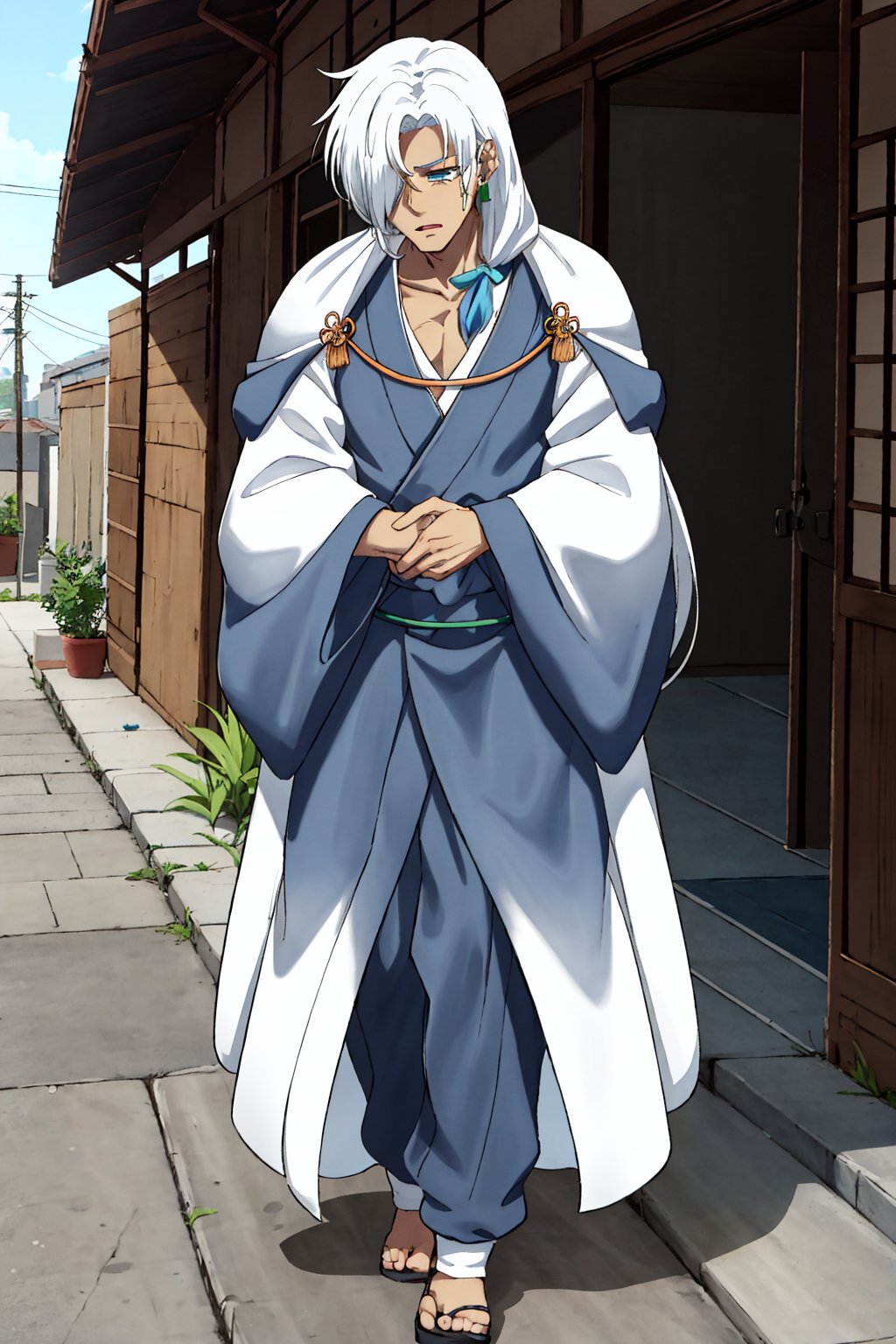 1boy,NaraShiranui,full body,The boy has long, silver-white hair that falls over his shoulders and partially covers his face. His eyes are light blue and he has a serious yet attractive expression. His skin is fair. He wears a green earring in his left ear,urban outfit,