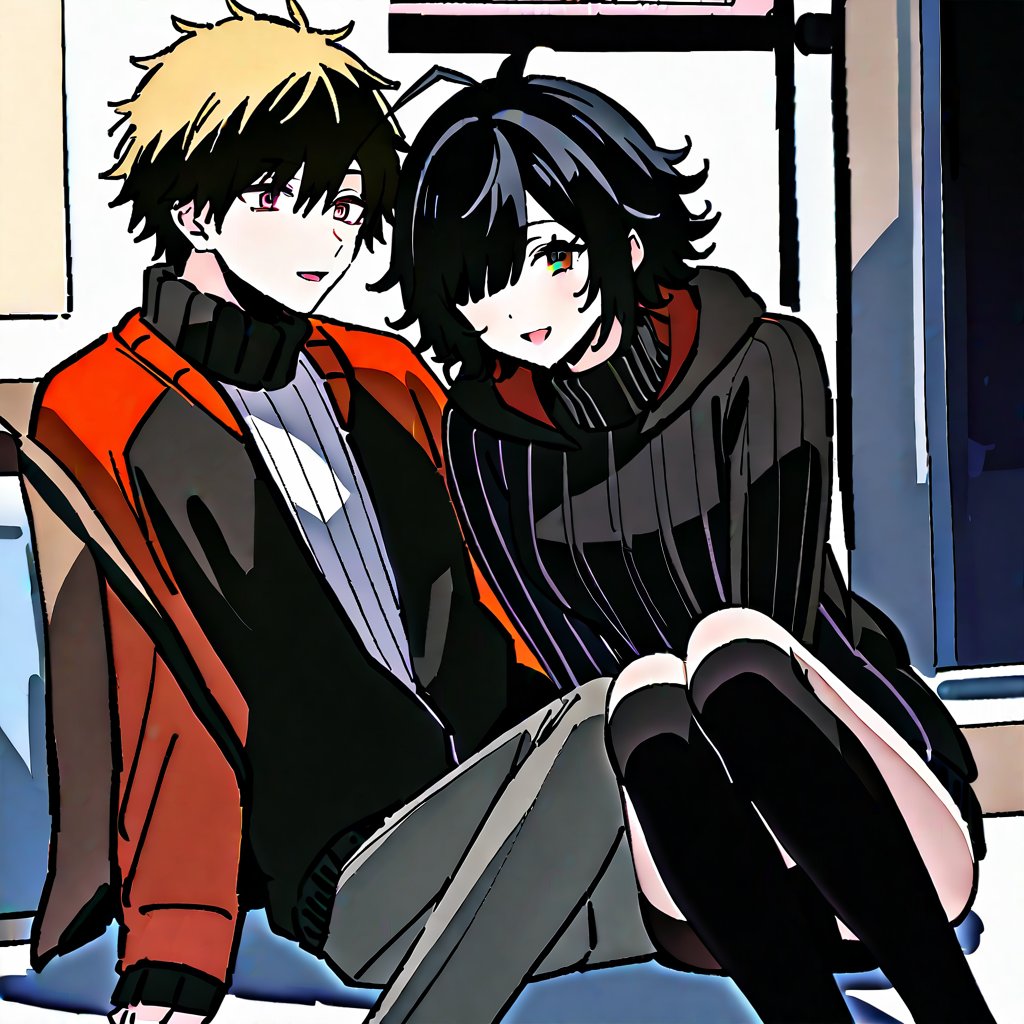 highly detailed, masterpiece, high quality, beautiful, 1girl and 1boy,Yuu (girl,1.7,UraPan, short hair, open mouth, bangs, black hair, thighhighs, long sleeves, ahoge, black thighhighs, sleeves past wrists, , turtleneck, messy hair, ribbed sweater, turtleneck sweater, hair over eyes, black sweater ). dating with,
denji(male,1.9,denji_chainsaw_man, warm jacket,blonde hair, brown eyes,black jacket,open jacket,long pants,hair cover one eye), cuddling,outside,romance,smile,sitting,city,icecream,aestetic,