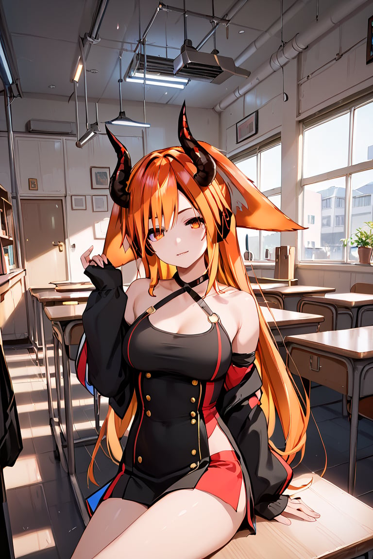 score_9, score_8_up, score_7_up, score_6_up, score_5_up, score_4_up, ,ShadD'Gray,1.9,long hair,orange hair,multicolored hair,animal ears,dressed,sexy pose,multiple poses,indoors,source_anime,BREAK,demon horns,