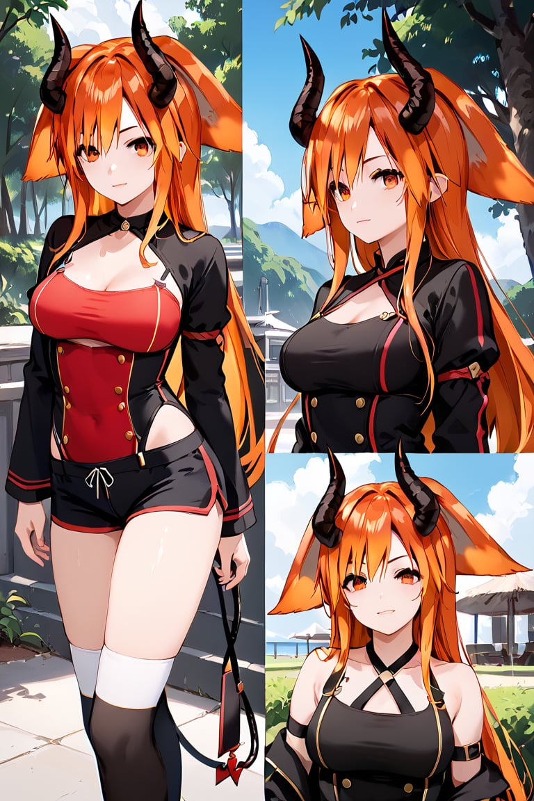 score_9, score_8_up, score_7_up, score_6_up, score_5_up, score_4_up, ,ShadD'Gray,1.9,long hair,orange hair,multicolored hair,animal ears,dressed,sexy pose,multiple poses,outdoors,source_anime,BREAK,demon horns,