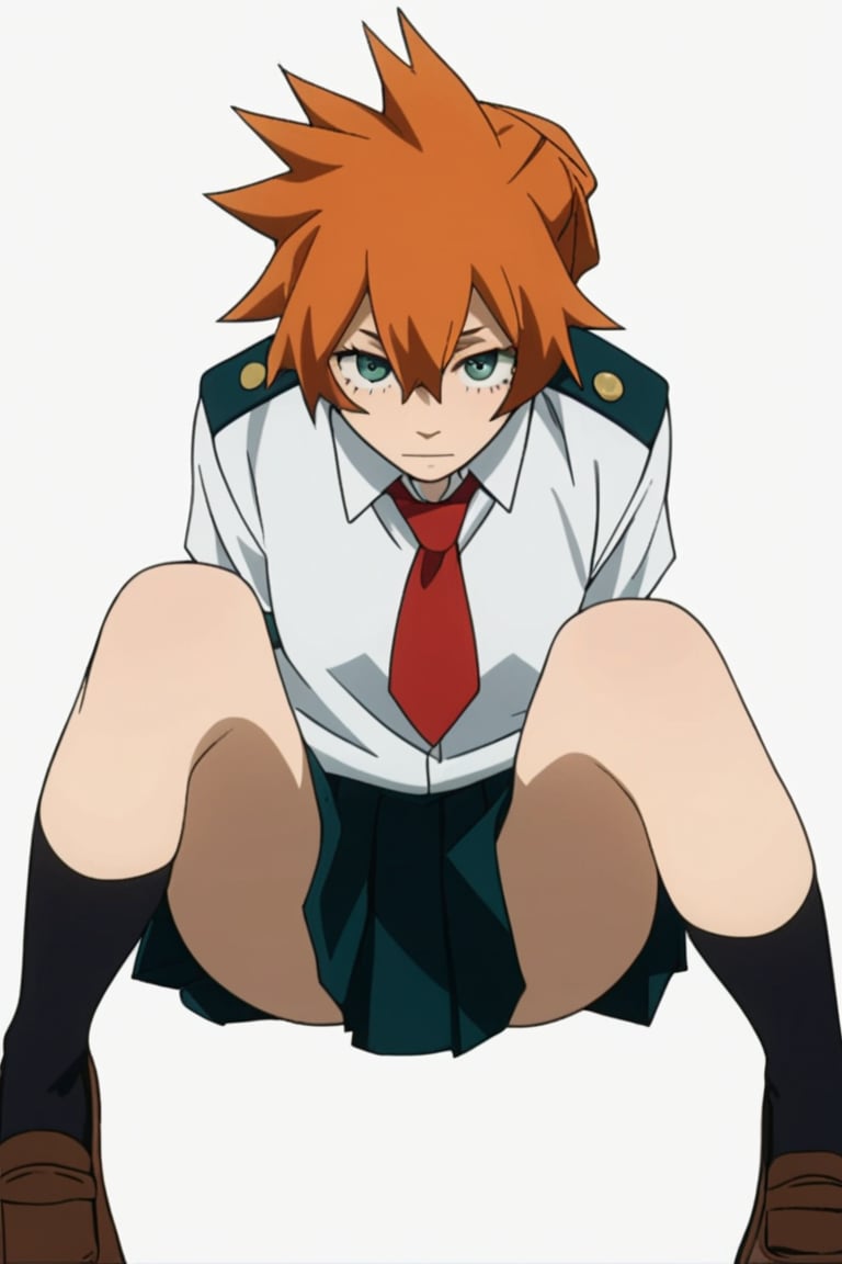 score_9, score_8_up, score_7_up, score_6_up, score_5_up, score_4_up, BREAK, , 1girl, Kendo, orange hair, green eyes, u.a. school uniform, white shirt, red necktie, kneehighs, brown footwear, sitting, legs spread,

,(( white background, blank background))