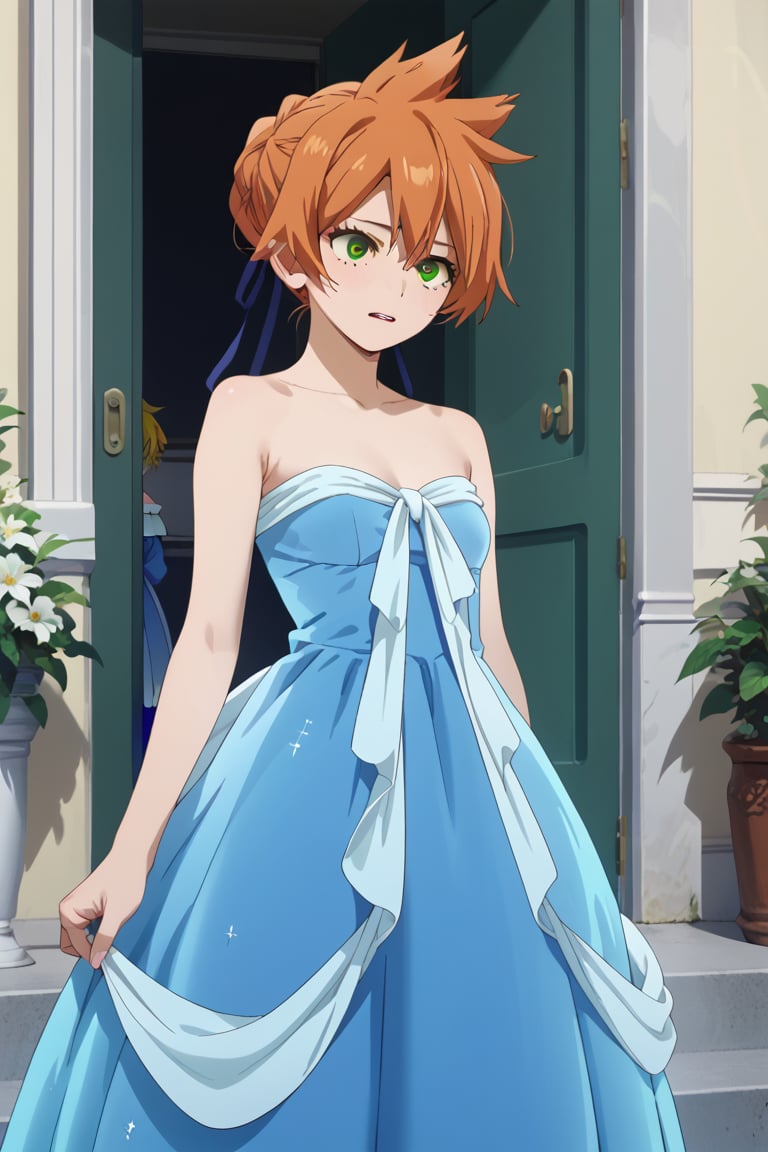 score_9, score_8_up, score_7_up, score_6_up, score_5_up, score_4_up, BREAK, , 1girl, Kendo, orange hair, green eyes, pageant dress, blue dress, strapless, standing, 