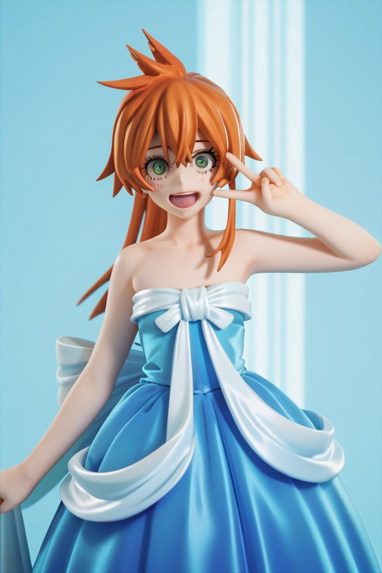 score_9, score_8_up, score_7_up, score_6_up, score_5_up, score_4_up, BREAK, , 1girl, Kendo, orange hair, green eyes, pageant dress, blue dress, strapless, standing, peace sign