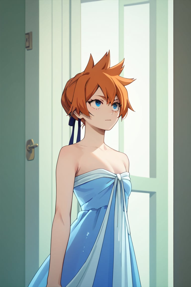 score_9, score_8_up, score_7_up, score_6_up, score_5_up, score_4_up, BREAK, , 1girl, Kendo, orange hair, green eyes, pageant dress, blue dress, strapless, standing, 