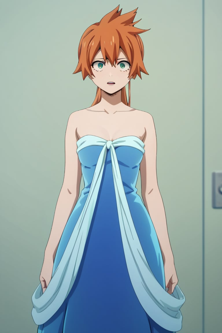 score_9, score_8_up, score_7_up, score_6_up, score_5_up, score_4_up, BREAK, , 1girl, Kendo, orange hair, green eyes, pageant dress, blue dress, strapless, standing, 