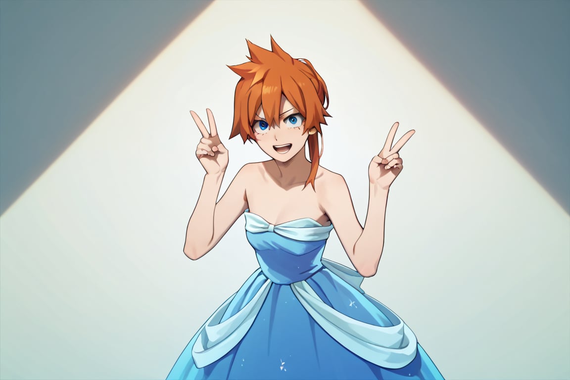 score_9, score_8_up, score_7_up, score_6_up, score_5_up, score_4_up, BREAK, , 1girl, Kendo, orange hair, green eyes, pageant dress, blue dress, strapless, standing, peace sign