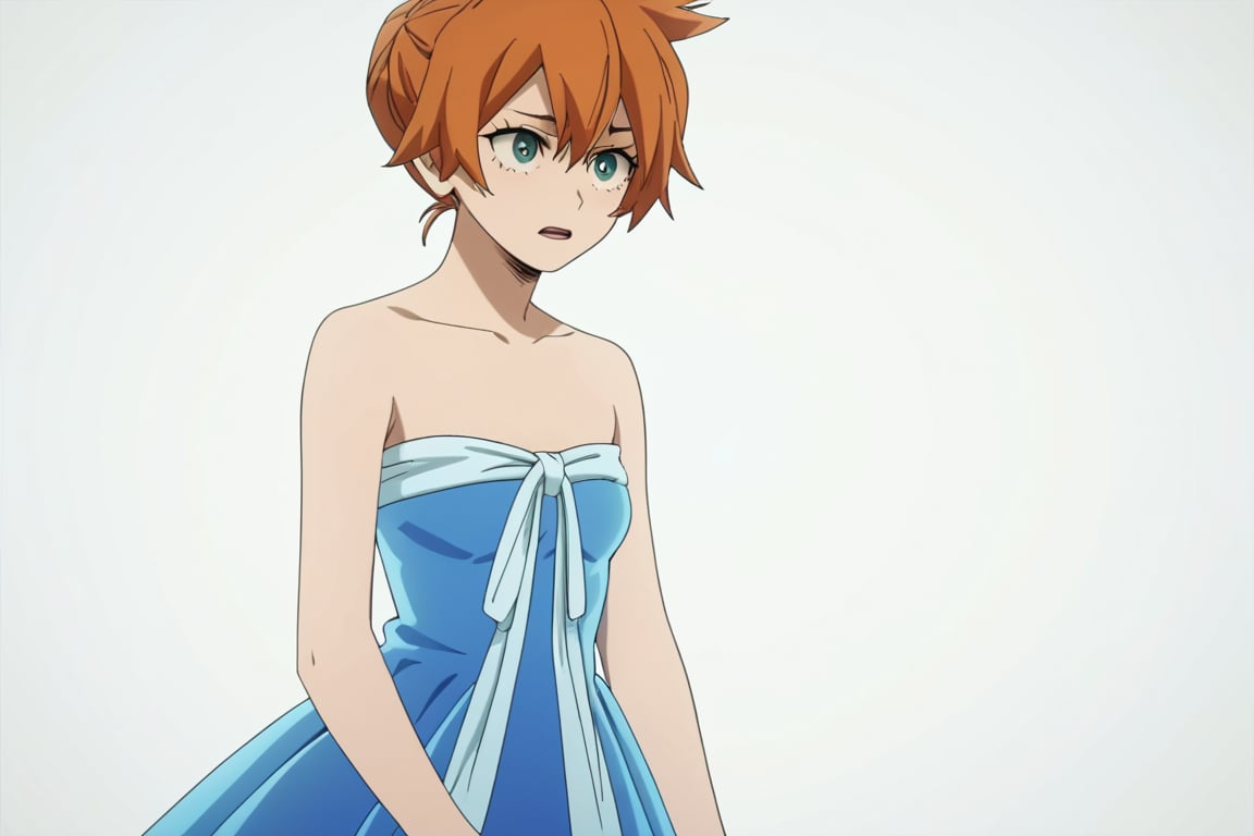 score_9, score_8_up, score_7_up, score_6_up, score_5_up, score_4_up, BREAK, , 1girl, Kendo, orange hair, green eyes, pageant dress, blue dress, strapless, 

,(( white background, blank background))