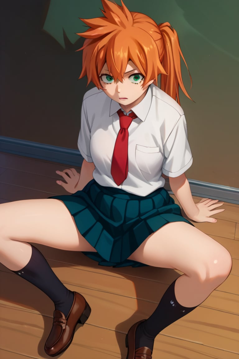 score_9, score_8_up, score_7_up, score_6_up, score_5_up, score_4_up, BREAK, , 1girl, Kendo, orange hair, green eyes, u.a. school uniform, white shirt, red necktie, kneehighs, brown footwear, sitting, legs spread