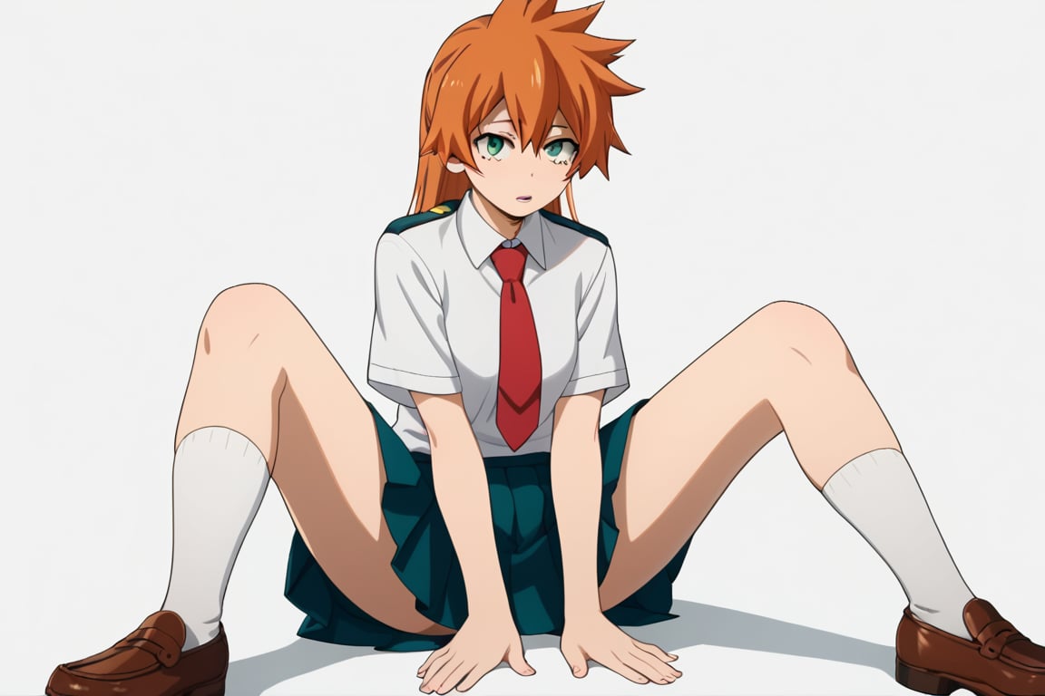 score_9, score_8_up, score_7_up, score_6_up, score_5_up, score_4_up, BREAK, , 1girl, Kendo, orange hair, green eyes, u.a. school uniform, white shirt, red necktie, kneehighs, brown footwear, sitting, legs spread,

,(( white background, blank background))