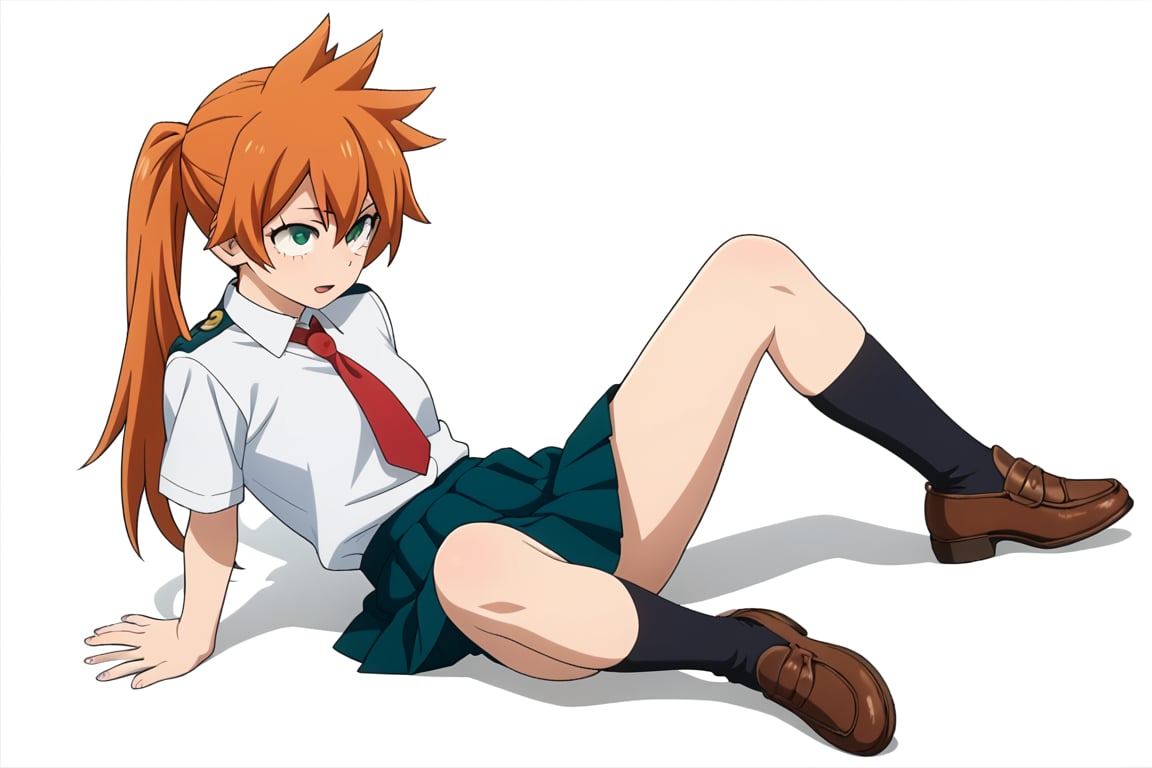 score_9, score_8_up, score_7_up, score_6_up, score_5_up, score_4_up, BREAK, , 1girl, Kendo, orange hair, green eyes, u.a. school uniform, white shirt, red necktie, kneehighs, brown footwear, sitting, legs spread,

,(( white background, blank background))