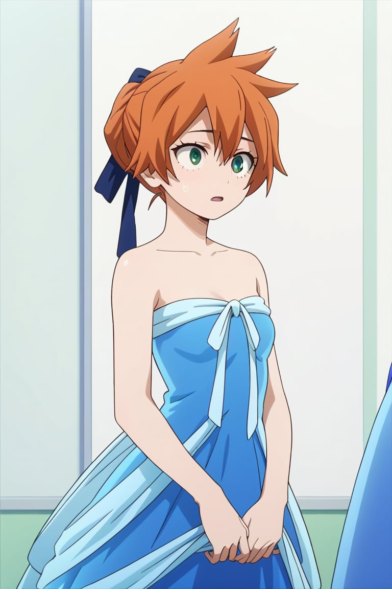 score_9, score_8_up, score_7_up, score_6_up, score_5_up, score_4_up, BREAK, , 1girl, Kendo, orange hair, green eyes, pageant dress, blue dress, strapless, standing, 