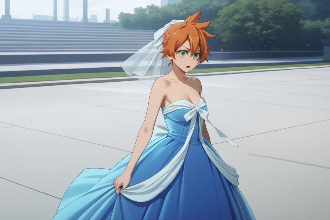 score_9, score_8_up, score_7_up, score_6_up, score_5_up, score_4_up, BREAK, , 1girl, Kendo, orange hair, green eyes, pageant dress, blue dress, strapless, standing, 