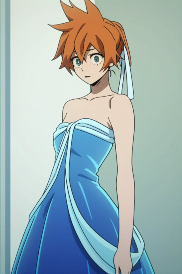 score_9, score_8_up, score_7_up, score_6_up, score_5_up, score_4_up, BREAK, , 1girl, Kendo, orange hair, green eyes, pageant dress, blue dress, strapless, standing, 