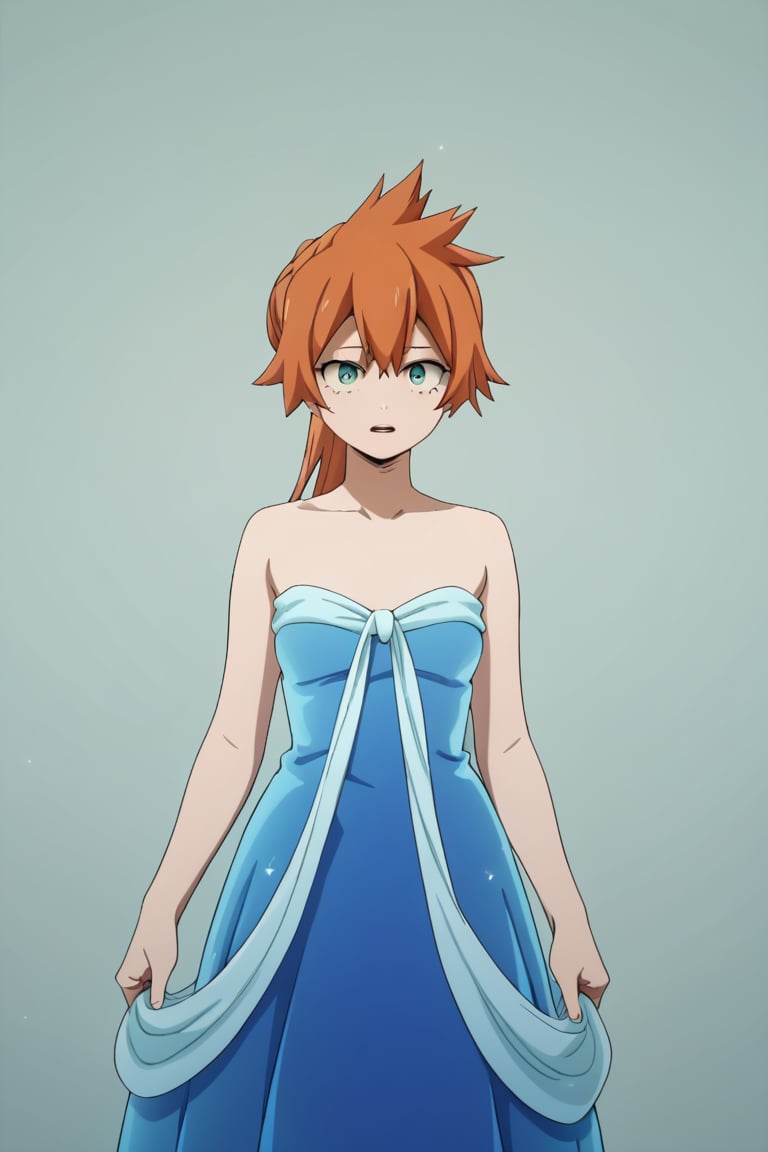 score_9, score_8_up, score_7_up, score_6_up, score_5_up, score_4_up, BREAK, , 1girl, Kendo, orange hair, green eyes, pageant dress, blue dress, strapless, standing, 