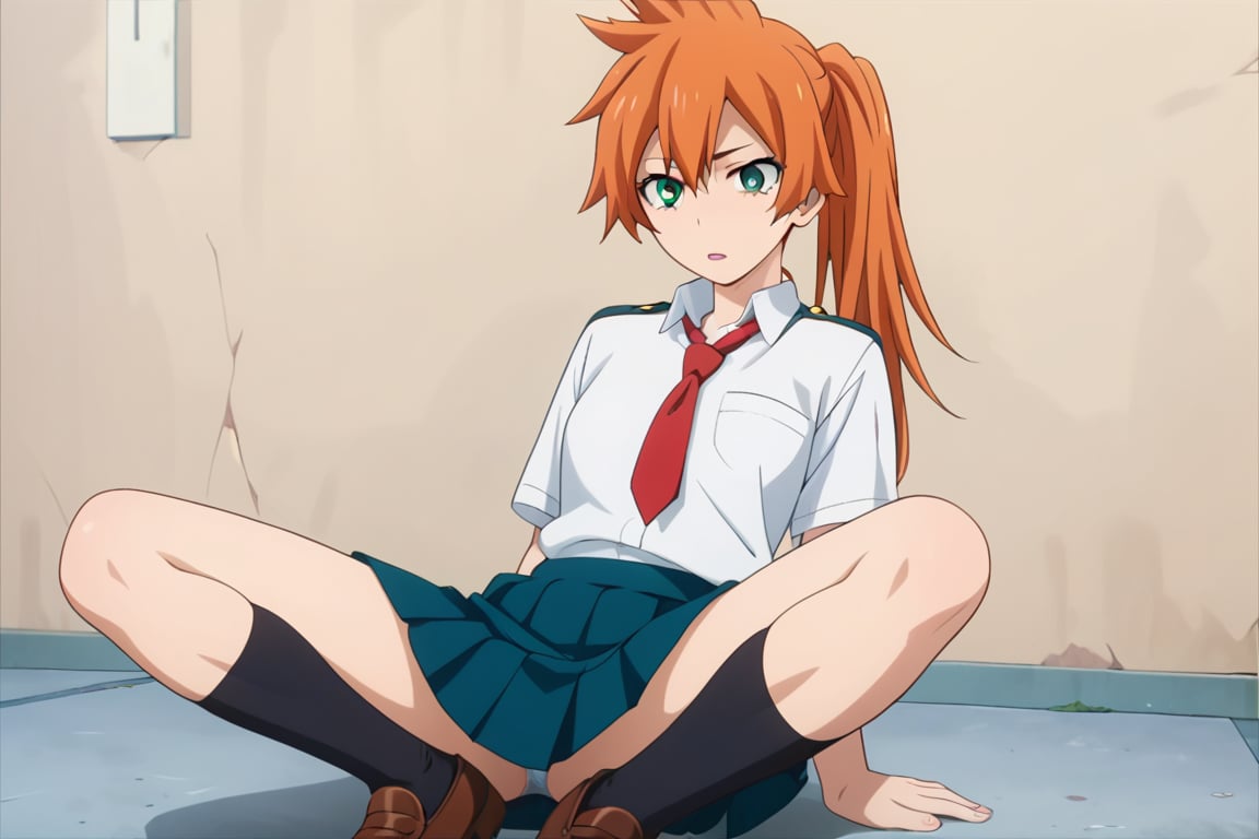 score_9, score_8_up, score_7_up, score_6_up, score_5_up, score_4_up, BREAK, , 1girl, Kendo, orange hair, green eyes, u.a. school uniform, white shirt, red necktie, kneehighs, brown footwear, sitting, legs spread