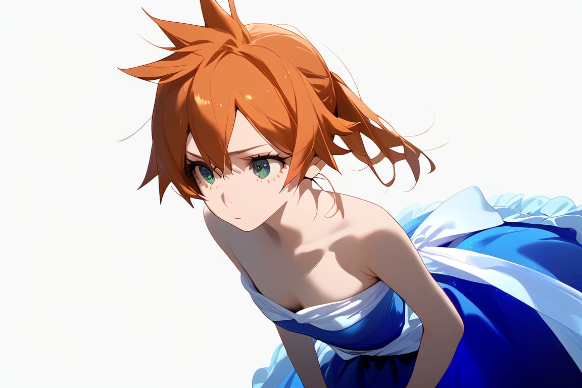 score_9, score_8_up, score_7_up, score_6_up, score_5_up, score_4_up, BREAK, , 1girl, Kendo, orange hair, green eyes, pageant dress, blue dress, strapless, 

,(( white background, blank background))