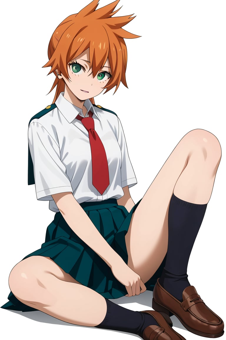 score_9, score_8_up, score_7_up, score_6_up, score_5_up, score_4_up, BREAK, , 1girl, Kendo, orange hair, green eyes, u.a. school uniform, white shirt, red necktie, kneehighs, brown footwear, sitting, legs spread,

,(( white background, blank background))