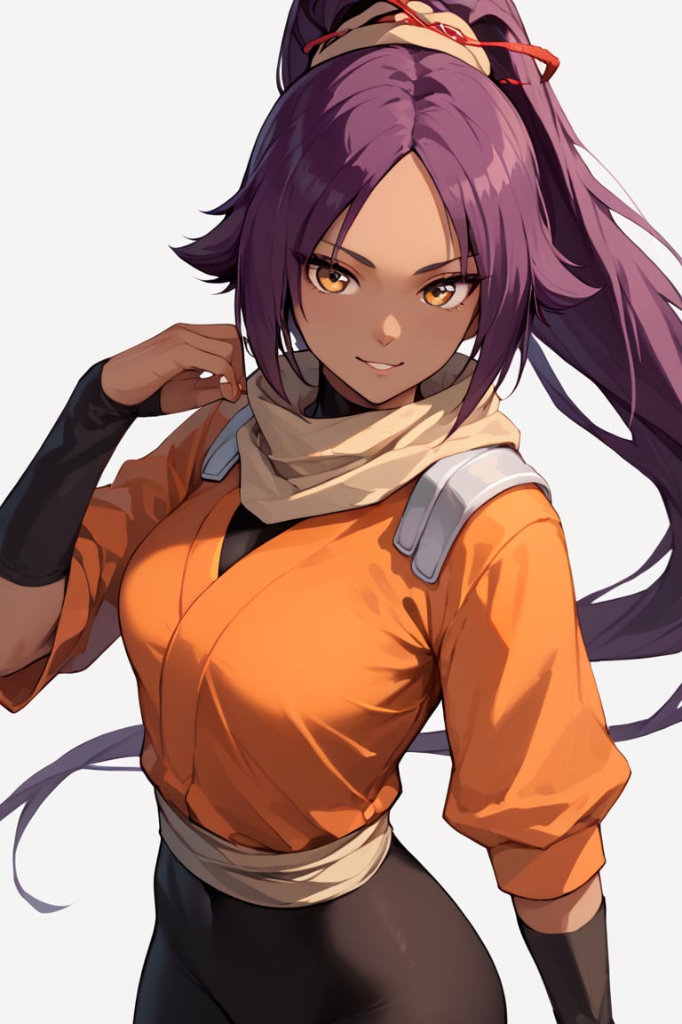 score_9,score_8_up,score_7_up,score_6_up,score_5_up,score_4_up, 

ShihouinYoruichi, dark-skinned female

Default Outfit (orange one):

YoruichiDefault, dark-skinned female, dark-skinned female, long hair, high ponytail, hair tie, scarf, orange shirt, arm warmers, sash, black bodysuit