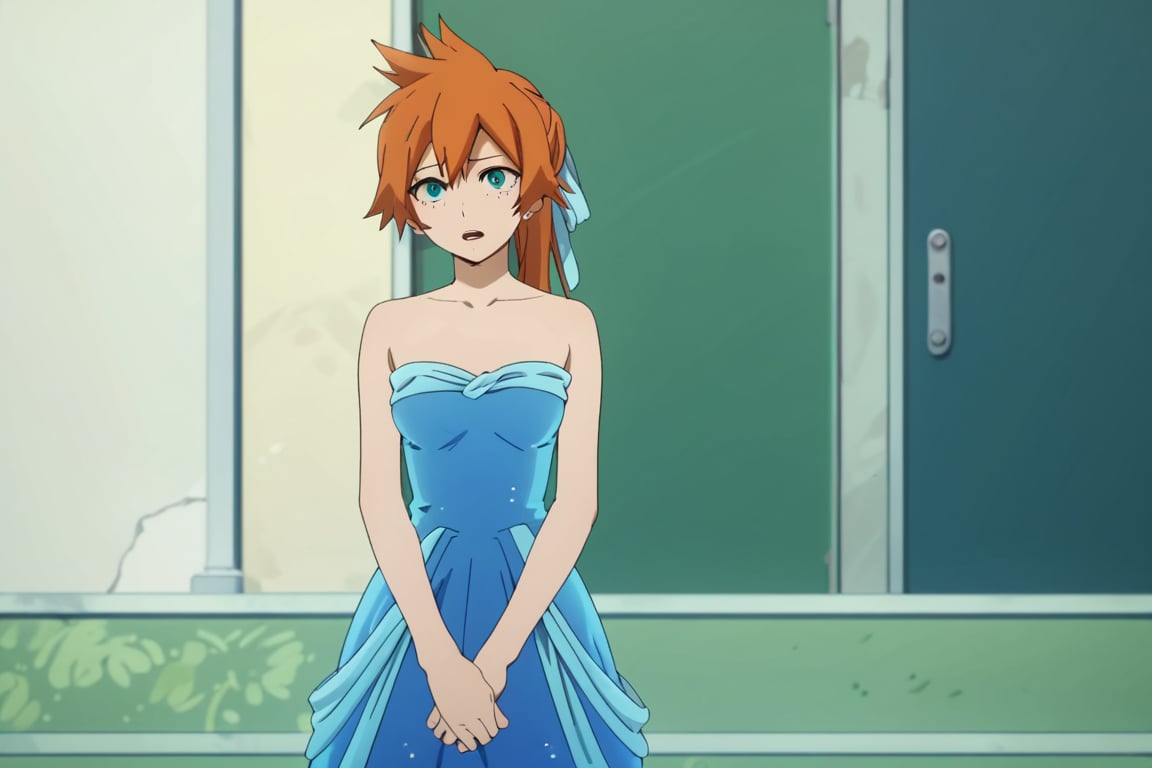 score_9, score_8_up, score_7_up, score_6_up, score_5_up, score_4_up, BREAK, , 1girl, Kendo, orange hair, green eyes, pageant dress, blue dress, strapless, standing, 