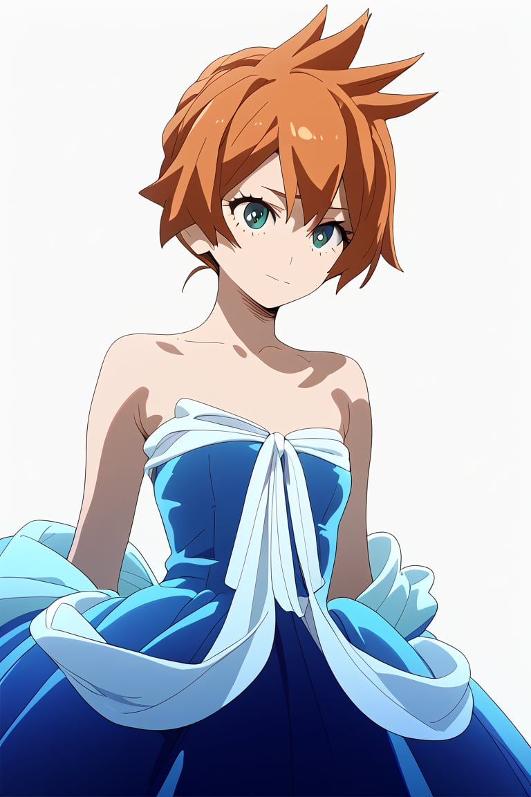 score_9, score_8_up, score_7_up, score_6_up, score_5_up, score_4_up, BREAK, , 1girl, Kendo, orange hair, green eyes, pageant dress, blue dress, strapless, 

,(( white background, blank background))