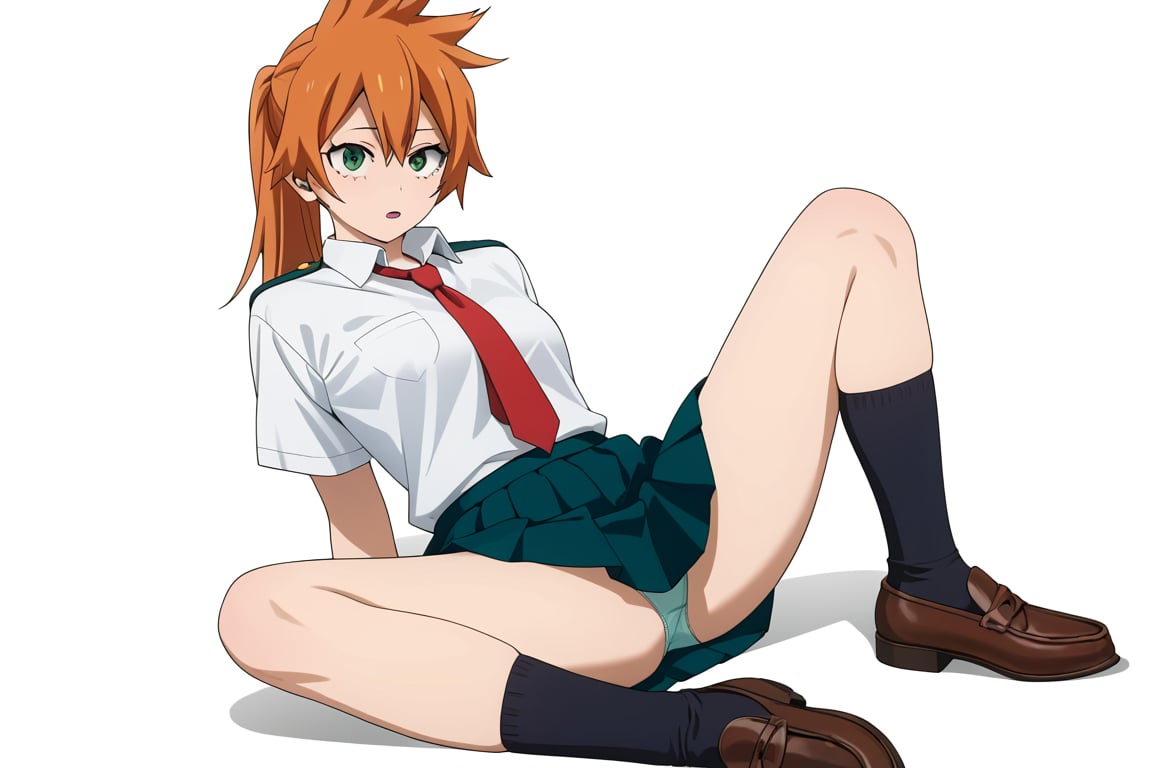 score_9, score_8_up, score_7_up, score_6_up, score_5_up, score_4_up, BREAK, , 1girl, Kendo, orange hair, green eyes, u.a. school uniform, white shirt, red necktie, kneehighs, brown footwear, sitting, legs spread,

,(( white background, blank background))