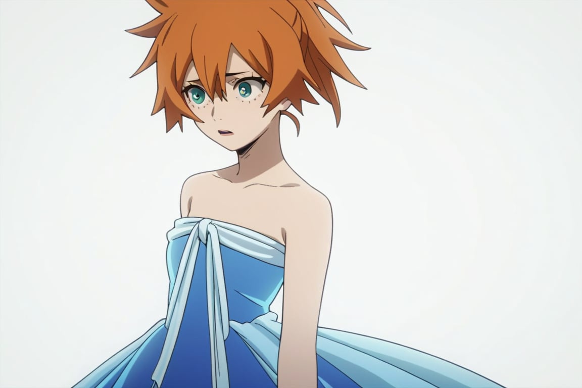 score_9, score_8_up, score_7_up, score_6_up, score_5_up, score_4_up, BREAK, , 1girl, Kendo, orange hair, green eyes, pageant dress, blue dress, strapless, 

,(( white background, blank background))