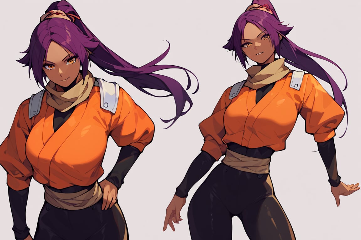 score_9,score_8_up,score_7_up,score_6_up,score_5_up,score_4_up, 

ShihouinYoruichi, dark-skinned female

Default Outfit (orange one):

YoruichiDefault, dark-skinned female, dark-skinned female, long hair, high ponytail, hair tie, scarf, orange shirt, arm warmers, sash, black bodysuit