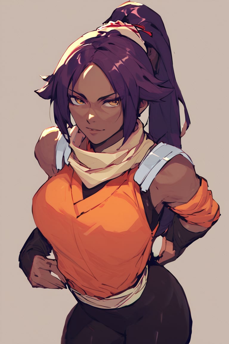 score_9,score_8_up,score_7_up,score_6_up,score_5_up,score_4_up, 

ShihouinYoruichi, dark-skinned female

Default Outfit (orange one):

YoruichiDefault, dark-skinned female, dark-skinned female, long hair, high ponytail, hair tie, scarf, orange shirt, arm warmers, sash, black bodysuit