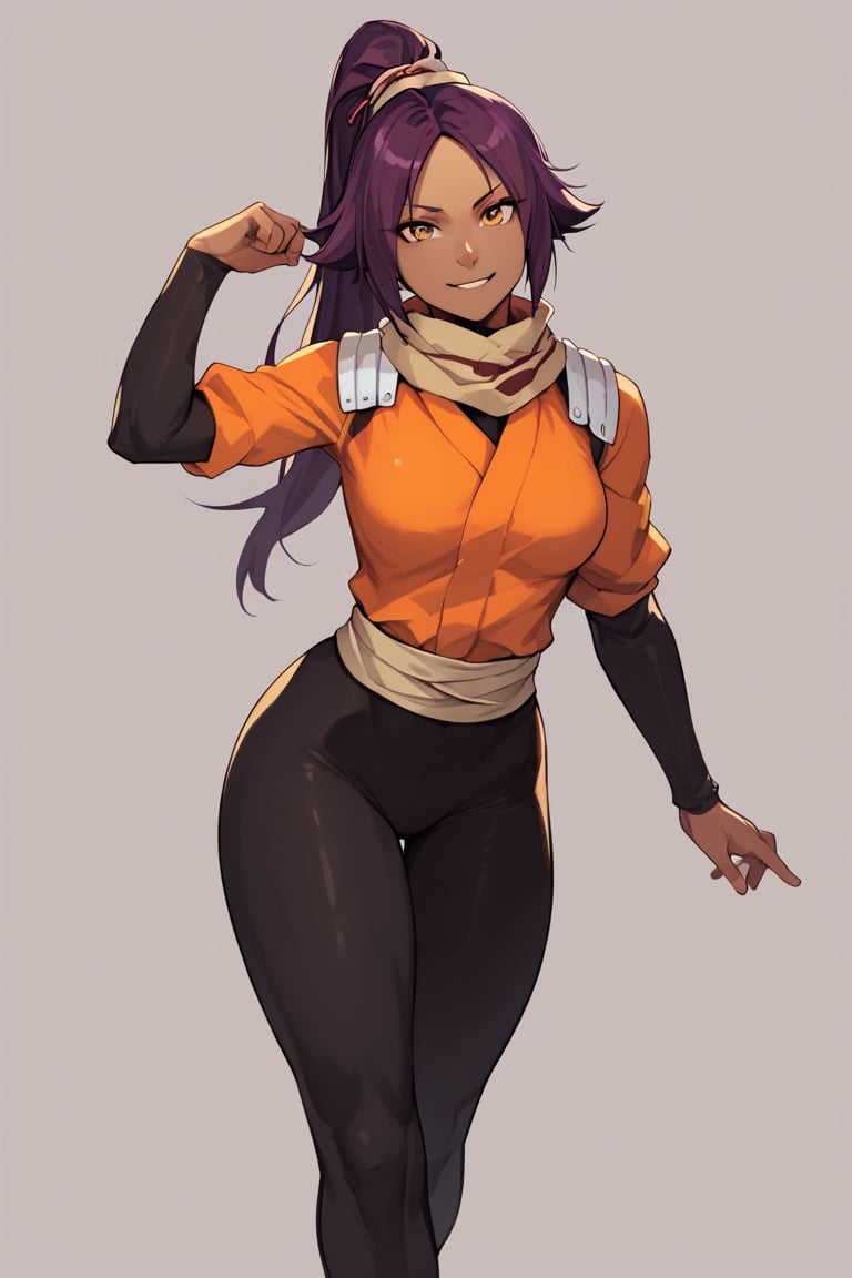 score_9,score_8_up,score_7_up,score_6_up,score_5_up,score_4_up, 

ShihouinYoruichi, dark-skinned female

Default Outfit (orange one):

YoruichiDefault, dark-skinned female, dark-skinned female, long hair, high ponytail, hair tie, scarf, orange shirt, arm warmers, sash, black bodysuit