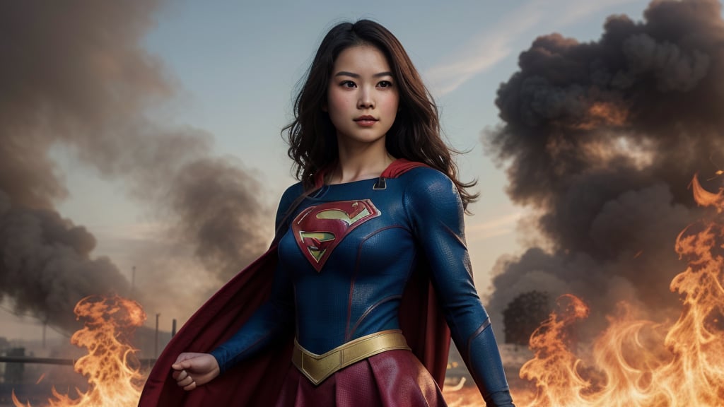 Cute 20-year-old Asian girl wearing a supergirl outfit with a blue top, blue knickers, red long skirt, red boots, red cloak and long blonde hair blowing in the wind Realistic, Faces showing, Realistic, Loving, Looking towards the camera, Smal breast, Facing towards the camera. Supergirl hovering  just above the ground with flames are all around, wearing supergirl_cosplay_outfit