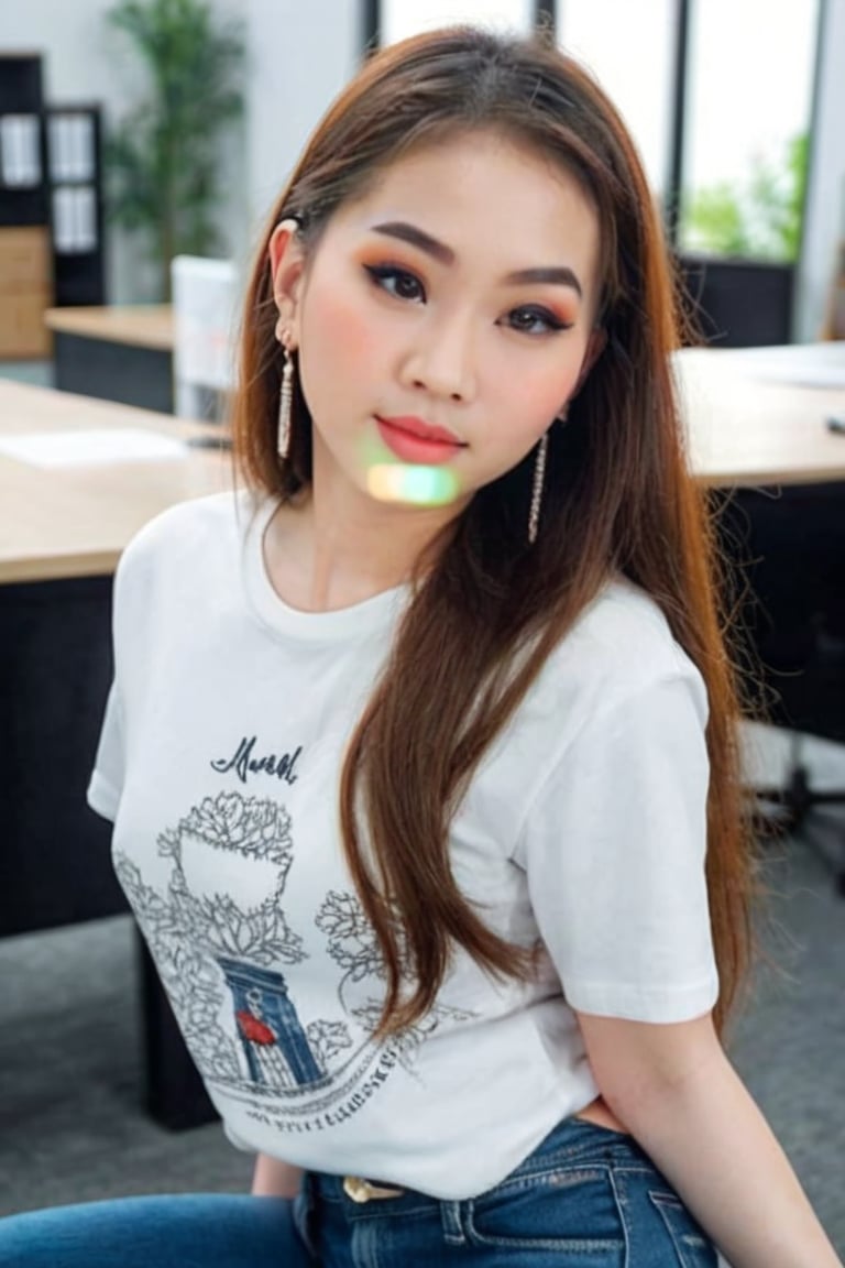  Asian girl, Masterpiece, best quality, highres, a picture of Beautiful female, long hair, pale skin, casual tshirt and jeans, looking away from viewer, leaning forward, looking at viewer, in office, makeup,  earrings, extremely detailed