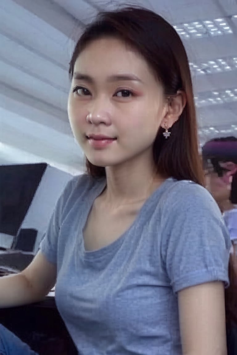  Asian girl, Masterpiece, best quality, highres, a picture of Beautiful female, long hair, pale skin, casual tshirt and jeans, looking away from viewer, leaning forward, looking at viewer, in office, makeup,  earrings, extremely detailed