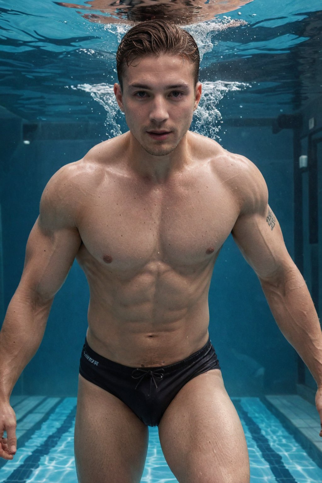 (masterpiece, cinematic, photorealistic, realistic details, dynamic light & pose, high quality, water lighting), More Reasonable Details, hubgman, BREAK,  A fit man swimming powerfully through a clear blue pool, underwater, (tattoo), arm tattoo, his muscles rippling with each stroke, creating a dynamic and energetic scene.