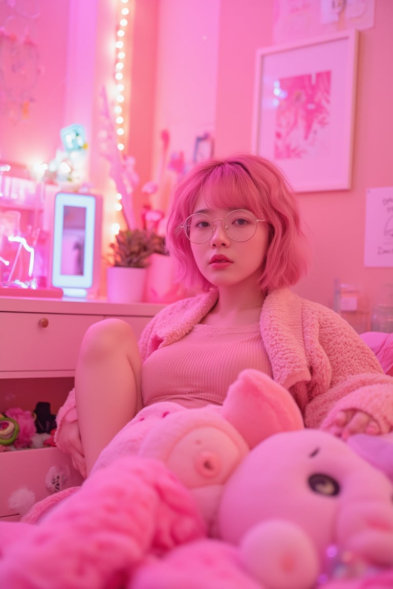 (masterpiece, cinematic, dynamic light & pose, ethereal quality, vibrant lighting, neon illuminated, colorful), A cheerful girl in a pink-themed outfit, surrounded by a pastel pink room filled with cute decorations, her pink hair styled in short curls, round glasses,hubg_beauty_face