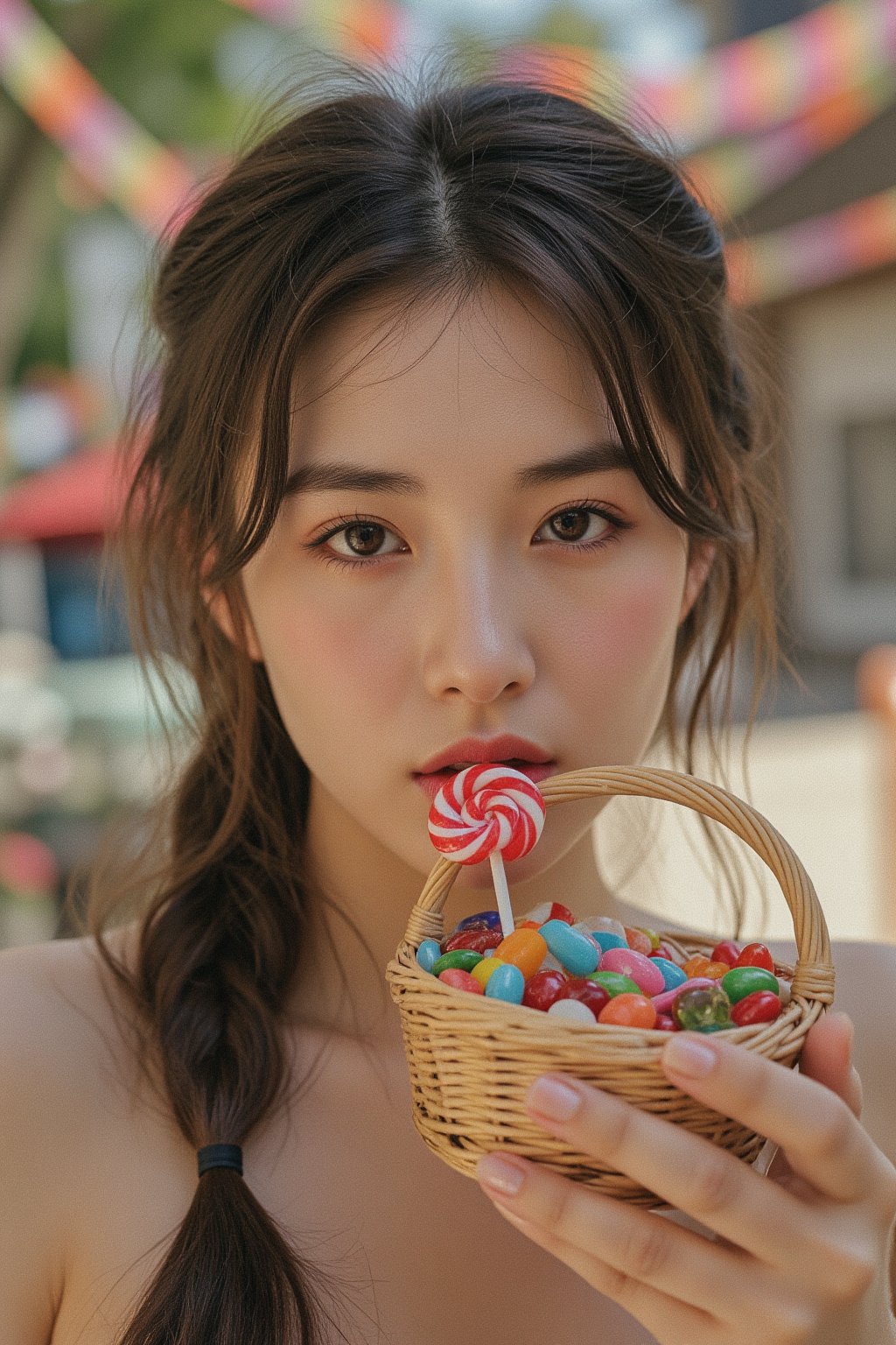 A young woman with long, dark brown hair partially braided, holding a small wicker basket overflowing with colorful candies and a red and white swirl lollipop which she is delicately holding to her lips; she is looking directly at the viewer with a captivating gaze, creating a playful yet subtly sensual mood, Fashion photography, Dreamy portrait with elements of candy-themed fantasy, Reference: Annie Leibovitz for the lighting and composition; Tim Walker for the whimsical and dreamlike quality, Outdoor setting, natural sunlight creating dramatic shadows and highlights on the model's face and hair; warm color palette with vibrant candy colors contrasting with the muted tones of the background; shallow depth of field to blur the background; smooth skin texture; background features an out-of-focus street scene and a string of colorful candies; realistic rendering with a slightly dreamy, ethereal quality, hubg_beauty_face