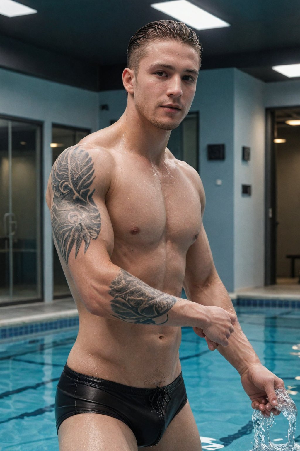 (masterpiece, cinematic, photorealistic, realistic details, dynamic light & pose, high quality, water lighting), More Reasonable Details, hubgman, BREAK,  A fit man swimming powerfully through a clear blue pool, arm tattoo, his muscles rippling with each stroke, creating a dynamic and energetic scene, tattoo