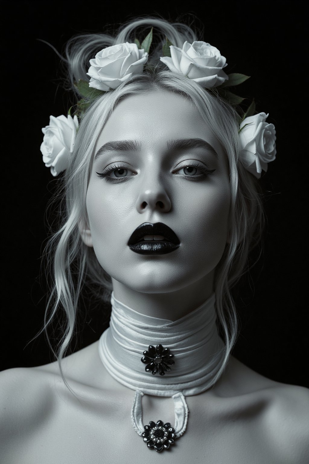 A pale-skinned woman with platinum blonde hair styled in an updo, adorned with a crown of white roses; she wears a high-necked white garment also embellished with white roses, and her makeup features stark black lipstick, creating a dramatic and ethereal mood; the overall effect is one of gothic elegance and otherworldly beauty, High-fashion photography, Fine art portraiture with a gothic/romantic aesthetic, Reference: Tim Walker for the dramatic lighting and surreal elements; Steven Meisel for the high-fashion sensibility, Studio setting, dramatic low-key lighting emphasizing the contrast between the model's pale skin and the dark background; monochromatic color palette of white, black, and gray; sharp focus on the model's face; smooth, almost porcelain-like skin texture; black background; realistic rendering with a slightly surreal and stylized feel, hubg_beauty_face