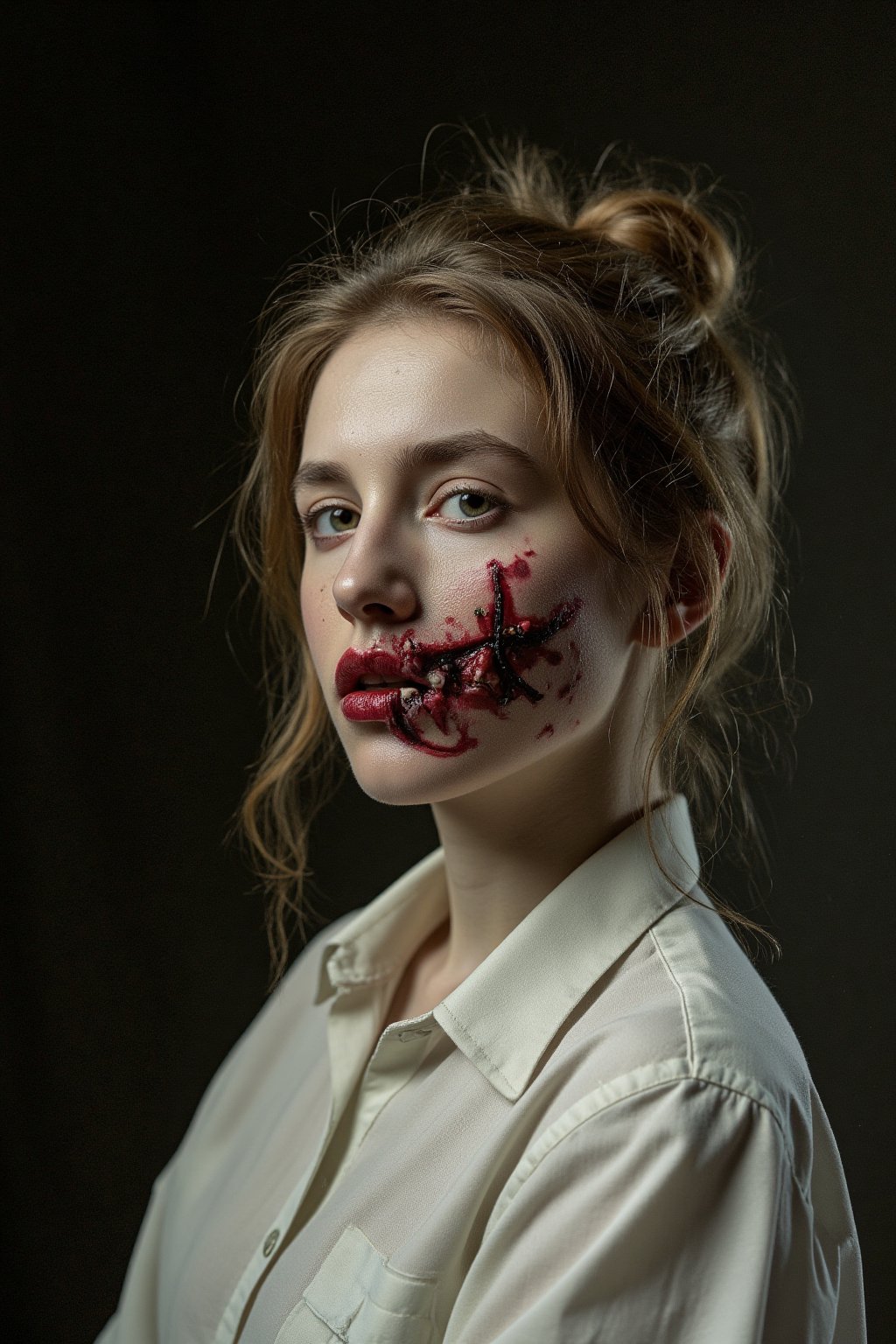 A young woman with light brown hair styled in a loose bun, wearing a plain white shirt; her face is intricately painted with a disturbingly realistic depiction of wounds, including a grotesque, stitched-up mouth, creating a deeply unsettling and macabre mood, Horror/fantasy photography, Special effects makeup artistry, Reference: Special effects makeup artists known for their realistic gore work., Close-up shot, dramatic lighting emphasizing the details of the makeup; dark, muted color palette with reds, whites, and blacks; sharp focus on the model's face; realistic rendering of skin texture and makeup details; dark, out-of-focus background; realistic rendering with a focus on detail and texture, hubg_beauty_face