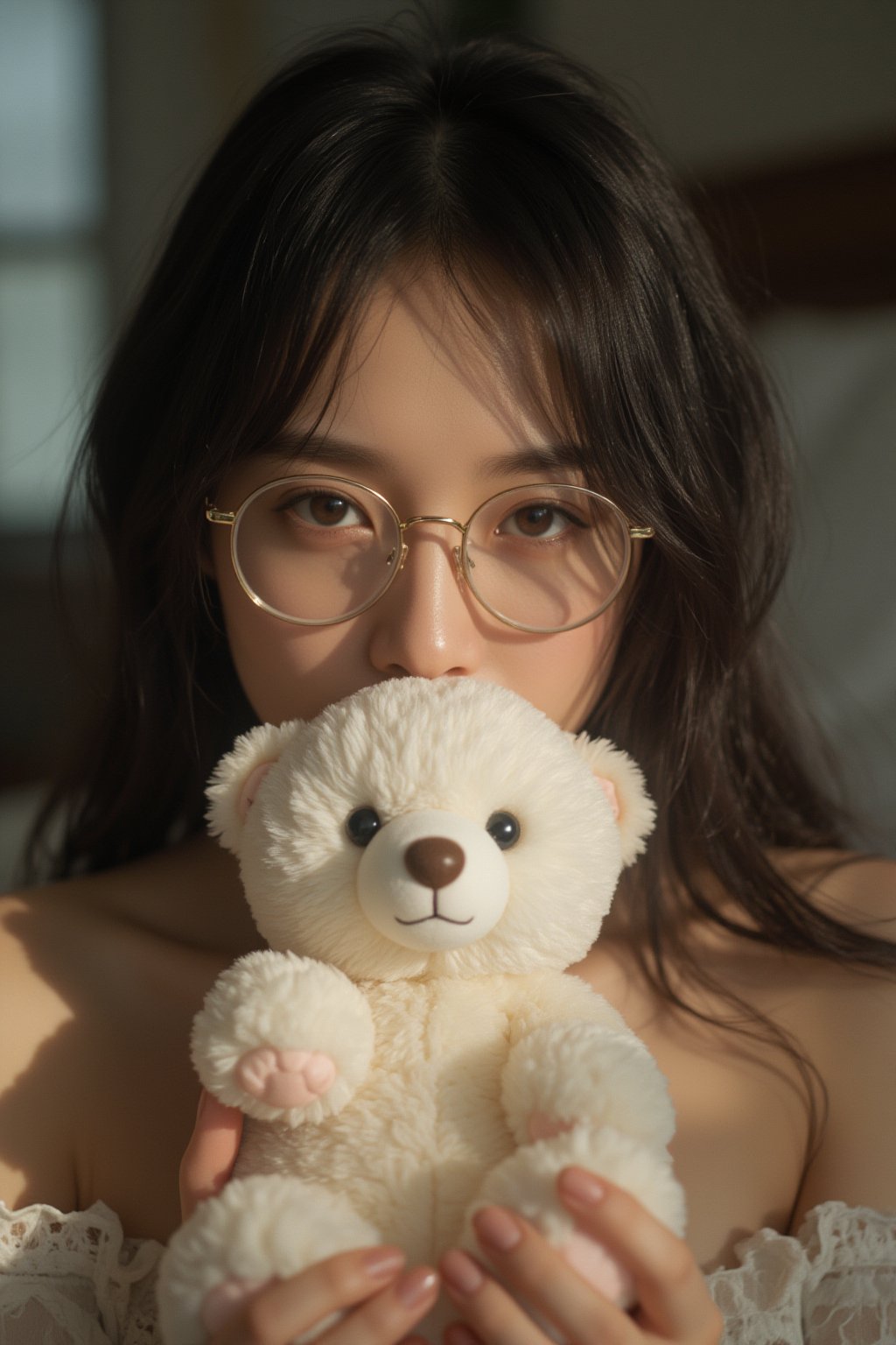 (masterpiece, cinematic, photorealistic, realistic details, dynamic light & pose, high quality, perfect lighting), Beautiful Woman with dark hair, wearing round glasses, (holding a tiny cute and adorable white plush fluffy chibi-style teddy bear with large black eyes)