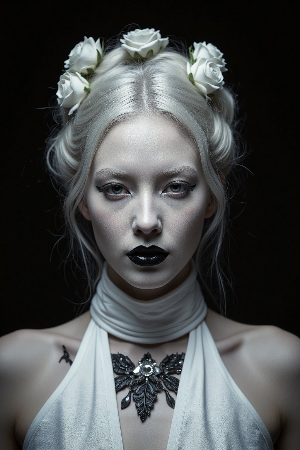 A pale-skinned woman with platinum blonde hair styled in an updo, adorned with a crown of white roses; she wears a high-necked white garment also embellished with white roses, and her makeup features stark black lipstick, creating a dramatic and ethereal mood; the overall effect is one of gothic elegance and otherworldly beauty, High-fashion photography, Fine art portraiture with a gothic/romantic aesthetic, Reference: Tim Walker for the dramatic lighting and surreal elements; Steven Meisel for the high-fashion sensibility, Studio setting, dramatic low-key lighting emphasizing the contrast between the model's pale skin and the dark background; monochromatic color palette of white, black, and gray; sharp focus on the model's face; smooth, almost porcelain-like skin texture; black background; realistic rendering with a slightly surreal and stylized feel, hubg_beauty_face