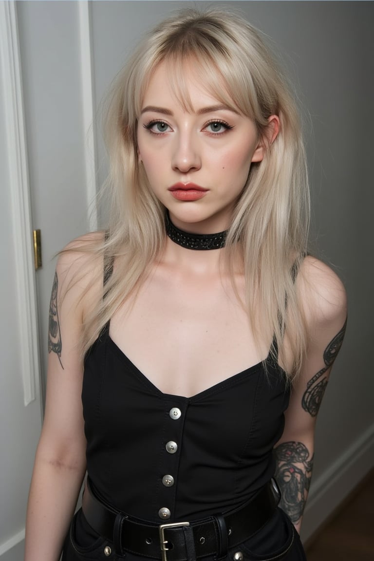 1girl,TradGoth,goth makeup,goth clothes,Lauren Phillips, blonde hair, bangs, gothic clothes,Charlotte Sartre,rlawldnjs, pale skin, 45 years old, realistic skin, pores, 