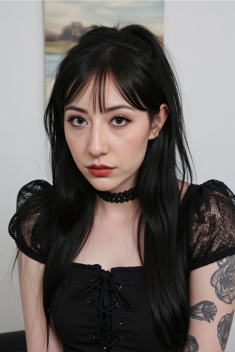 1girl,TradGoth,goth makeup,goth clothes,Lauren Phillips,laurenphillips, black hair, bangs, gothic clothes,Charlotte Sartre,rlawldnjs, pale skin, 