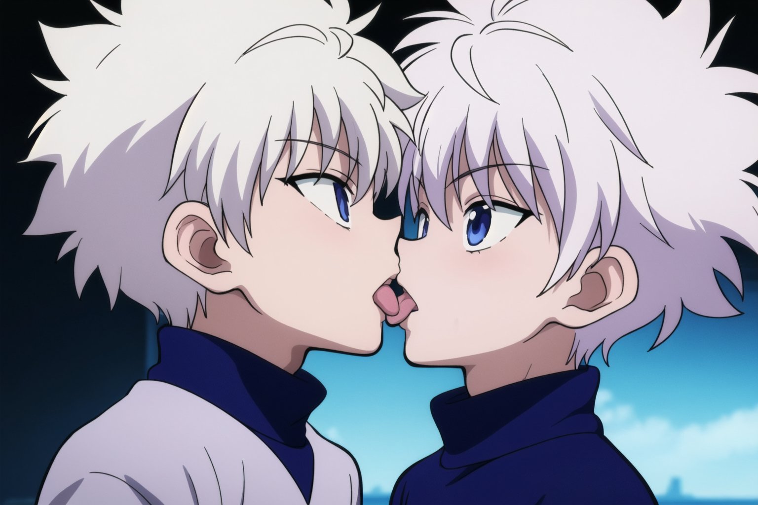 masterpiece, best quality, extremely detailed, anime, (((2boys))), ((2shota)), tongue_kiss, franch kiss, kiss each other,killua_zoldyck