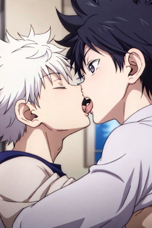 boy and boy, killua and hinata ,tongue_kiss, 2boy shota 13 years old, bedroom,kiss, boy,killua_zoldyck,hinata shouyou