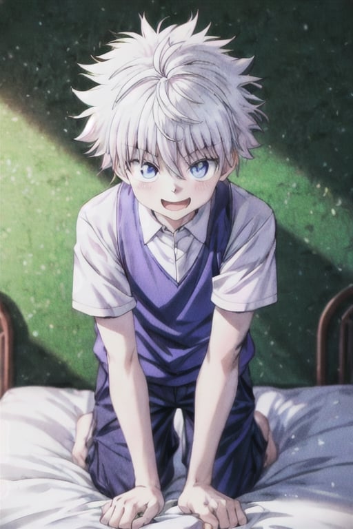 best quality, highres,1boy,at school,big body,till,cute,1boyCute cat,funny,on bed,boy,killua_zoldyck