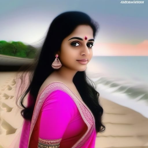 a beautiful indian girl waiting for her lover with beautiful eyes,  dressed in pink coloured saree at a beach by user_7263...