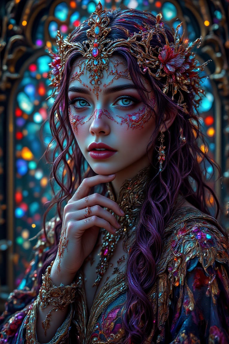 A captivating portrait of a young woman,  likely in her late teens or early twenties,  with a serene and contemplative exp...