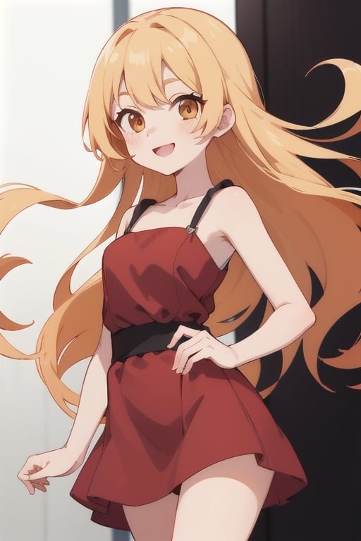 Anime girl long hair blonde hair orange eyes pale skin red dress smile