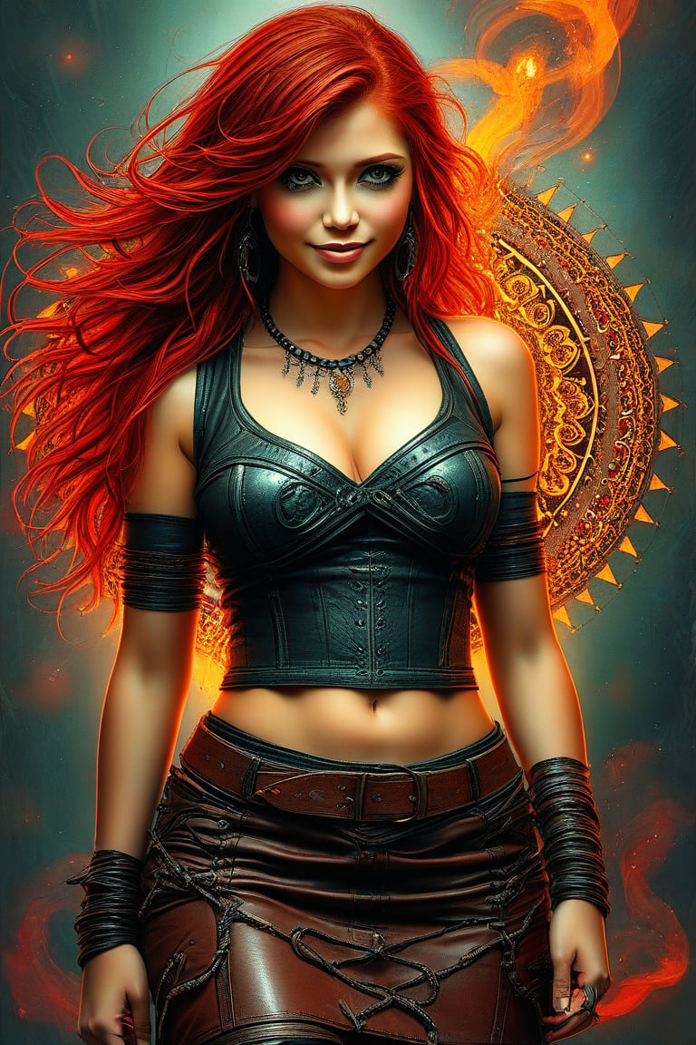 1girl, by Emily Kell and Luis Royo, 27 years old, official art, 8k wallpaper, full length, ultra detailed, beautiful and aesthetic, red hair, brown eyes, leather bust, skirt, A faint smile, masterpiece, best quality, realistic, extremely detailed, dynamic angle, (zentangle, mandala, tangle, entangle), the most beautiful form of chaos, elegant, a brutalist designed, vivid colors, romanticism, plasma flame
